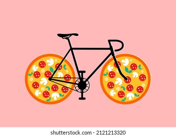 Pizza delivery bicycle funny concept with pizzas instead of wheels isolated on pink background. Food delivery concept. Vector illustration