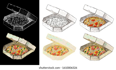Pizza en la caja de entrega, establecer la ilustración de esbozo gráfico, la línea y la versión coloreada