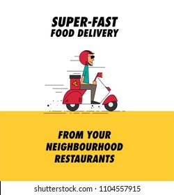 Pizza Delivery Boy delivering  pizza on a retro scooter. Super-fast food delivery Ad concept.