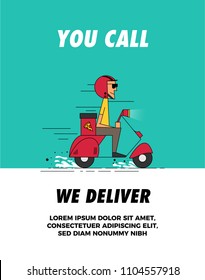 Pizza Delivery Boy delivering  pizza on a retro scooter. Super-fast food delivery Ad concept.