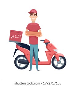 Pizza delivery. Boy with food boxes and scooter. Isolated motorbike and flat man vector character