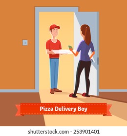 Pizza delivery boy handing pizza box to a beautiful girl at her home. Woman giving money for her order. Flat style illustration or icon. EPS 10 vector.