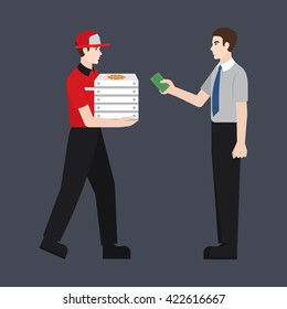 Pizza Delivery Boy Handing Pizza Box To A Man/ Business Man. Man Giving Money For His Order. Flat Style Illustration Or Icon. EPS 10 Vector.