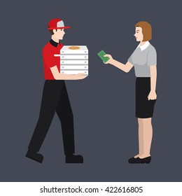 Pizza delivery boy handing pizza box to a girl/ business woman. Woman giving money for her order. Flat style illustration or icon. EPS 10 vector.