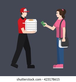 Pizza delivery boy handing pizza box to a girl/ student. Girl giving money for her order. Flat style illustration or icon. EPS 10 vector.