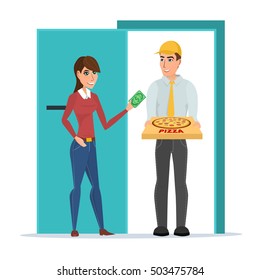 Pizza delivery boy handing pizza box to a beautiful girl at her home. Vector illustration isolated on white background in flat style. Woman giving money for her order.