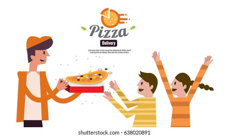 Pizza delivery boy handing pizza box to kids. food ordering and delivery concept.  website  banner. flat design vector illustration. eps10 