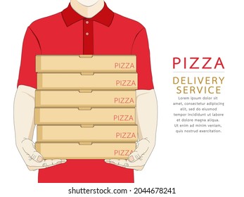 Pizza delivery boy holding box fast food in red uniform. Courier service deliver ready meal eating at home. Online order at restaurant shopping for mobile applications and websites concept.