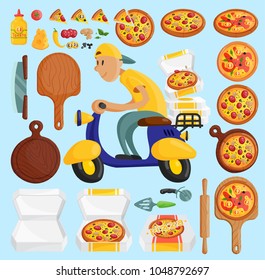 Pizza delivery boy Italian pizzeria cartoon courier on motorbike and deliver dinner icon food box fast party meal scooter pizza in box transportation illustration