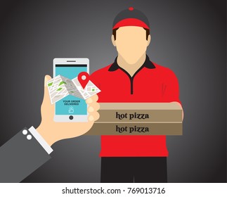 Pizza delivery boy mobile in hand tracking order