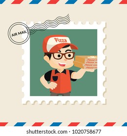 Pizza delivery boy postage stamp on air mail envelope