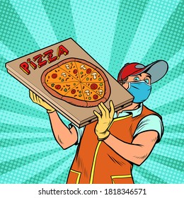 Pizzaauslieferer in einer Schutzmaske. Straßenküche. Retro-Vektorgrafik-Kitsch-Vintage im Stil der 60er Jahre