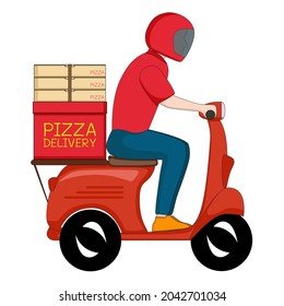 Pizza delivery boy ​in red uniform riding motorcycle. Courier service deliver fast food ready meal to customers at home. Online order restaurant shopping for mobile applications and websites concept