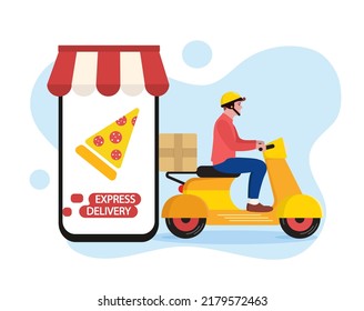 Pizza delivery boy riding motor bike isolated on white background. Food and other shipping service for websites. Delivery tracking on smartphone. Advertise for restaurants, caffees, shops.