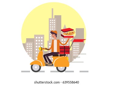 Pizza delivery boy riding motor bike isolated on city background. food delivery concept flat design vector illustration. eps10 