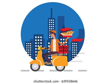 Pizza Delivery Boy Riding Motor Bike Isolated On Night City Background. Food Delivery Concept Flat Design Vector Illustration. Eps10 