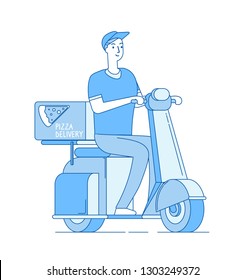 Pizza delivery. Boy riding motorbike, scooter delivers pizza away. Food free home delivering service line vector concept