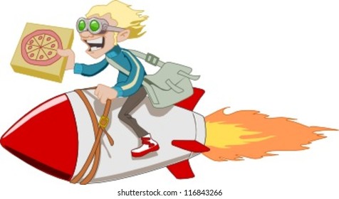 pizza delivery boy riding a rocket