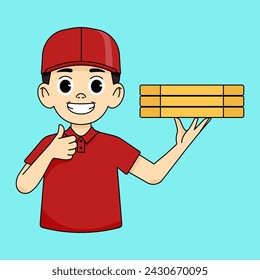 Pizza delivery boy smiling in red work uniform holding boxes of pizza, other hand raised with thumb