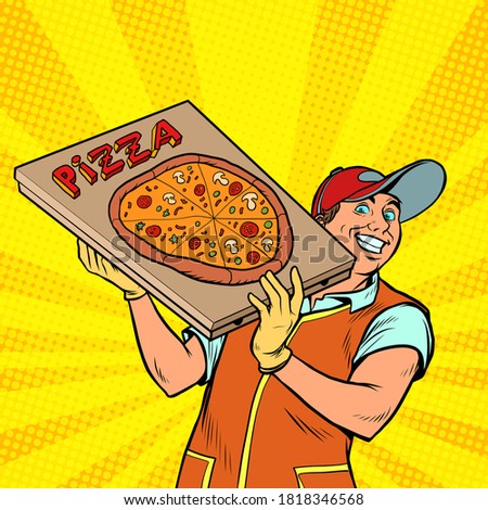 Pizza delivery boy. Street food. pop art retro vector illustration kitsch vintage drawing 50s 60s style