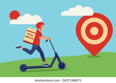 Pizza delivery, brunette guy on a blue scooter, in a red T-shirt, delivers pizza in a box on his back, background road, sky, destination