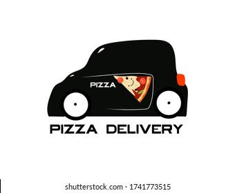 
Entrega de pizza en coche. Ilustración vectorial con una máquina de entrega de pizza negra para afiches, publicidad, banner, diseño, negocios, sitio web, aplicación.
