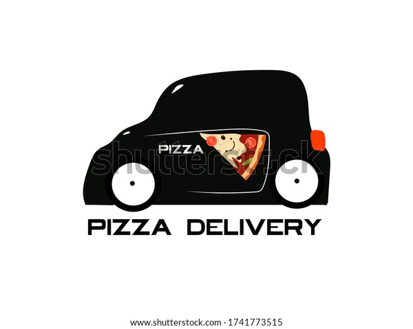 \
Pizza delivery by car. Vector\
illustration with a black pizza delivery machine for poster,\
advertisement, banner, design, business, website,\
application.