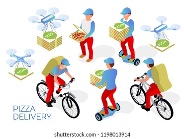 Pizza delivery by courier on a bicycle, on a gyro board and with the help of a drone. Modern food delivery to the house. Isometric 3d