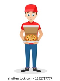 Pizza delivery by courier on a white background.