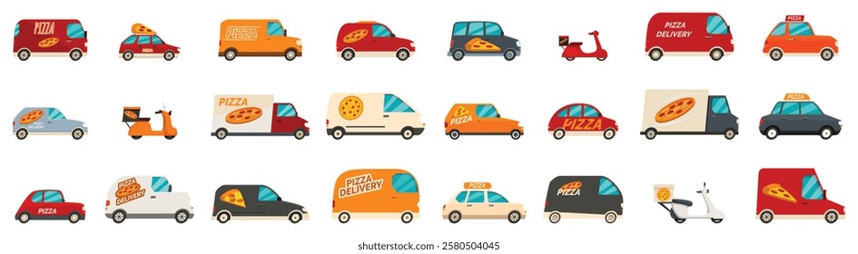  Pizza delivery car icons set. Various colorful vehicles delivering pizza to hungry customers, ensuring fast and efficient food transportation