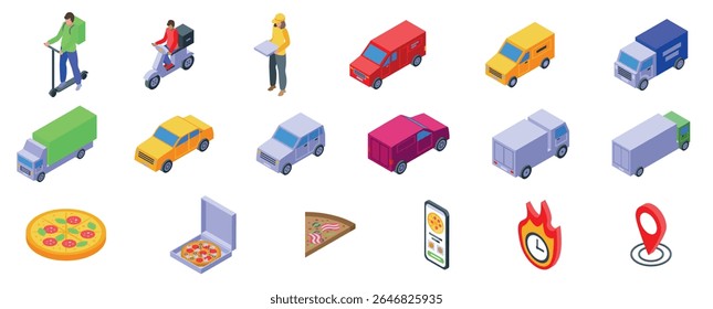  Ícones de entrega de pizza do carro definidos. Ícones isométricos que representam entrega de pizza, com vários veículos, um mensageiro, pedidos on-line e símbolos de entrega a quente