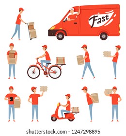 Pizza delivery characters. Van and motorcycle or moped for delivery man fast business service restaurant transport vector pictures