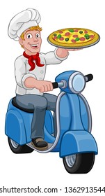 A pizza delivery chef cartoon man on a scooter or moped motorbike