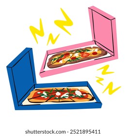 Pizza delivery. Colorful pizza box. Italian pizza with basil, arugula, tomatoes, mushrooms, salami and mozzarella. Cartoon retro doodle illustration for restaurant and pizzeria