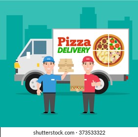 pizza delivery company,pizza delivery truck.delivery man in uniform  with pizza