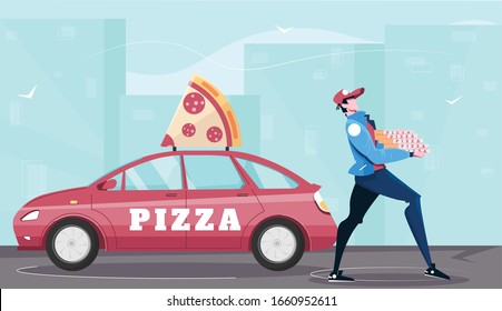 Pizza delivery composition of flat images with cityscape background and pizza guy character with branded automobile vector illustration 