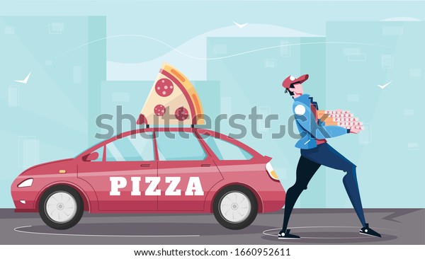 Pizza delivery composition of flat images with cityscape\
background and pizza guy character with branded automobile vector\
illustration 