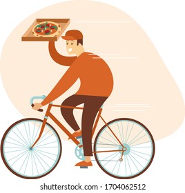 Pizza delivery concept. Courier boy riding bicycle with pizza box. eco friendly delivery. Flat vector concept for delivery during quarantine. Self isolation