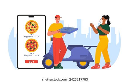 Concepto de entrega de pizza. Courier lleva comida rápida para la mujer. Hombre con uniforme cerca del smartphone y la moto. Margarita y peperoni. Compras y pedidos en línea. Dibujo vectorial plano de dibujos animados