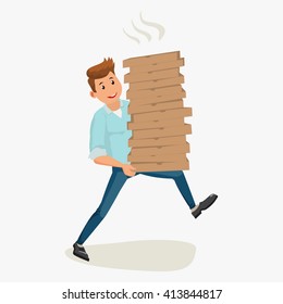 Pizza delivery concept. Handsome smiling guy holding cardboard boxes. Vector cartoon illustration, isolated on white background