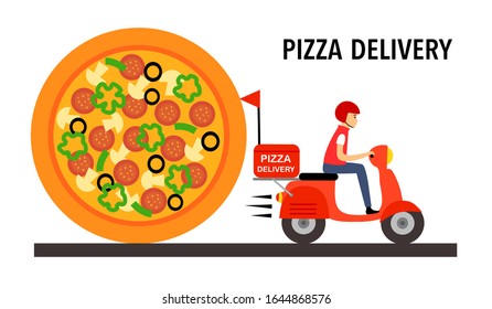 Pizza delivery concept vector illustration on white background. Pizza delivery boy riding red motor bike.