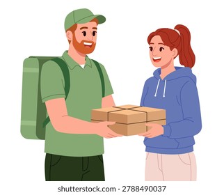 Pizza Delivery Courier Giving Pizza Boxes to Customer. Vector Illustration.