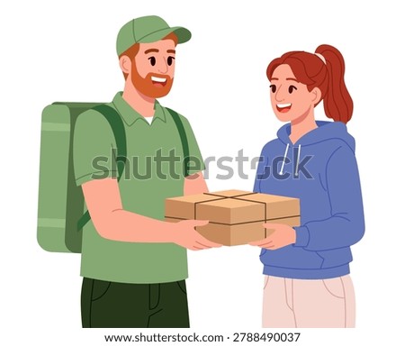Pizza Delivery Courier Giving Pizza Boxes to Customer. Vector Illustration.