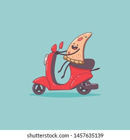 Pizza delivery. Cute food courier character on the moped. Vector cartoon cute illustration isolated on background.