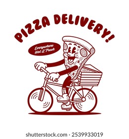 Pizza entrega lindo Vector de dibujos animados retro dibujado a mano lindo Vector de dibujos animados retro dibujado a mano