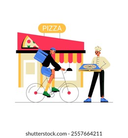 Pizza Delivery With Cyclist And Chef Outside A Pizzeria In Flat Vector Illustration Symbolizing Food Delivery Service And Urban Lifestyle, Isolated On White Background