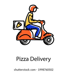 Pizza delivery in doodle icon, editable vector 