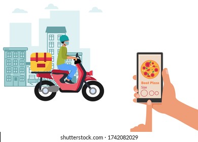 Pizza delivery during the coronavirus. Delivery service concept, courier character riding a red delivery motorcycle, hand holding smartphone with order. Big city. Vector illustration in a flat style.