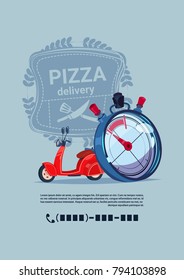 Pizza Delivery Emblem Template Banner With Copy Space Concept Red Motor Bike With Clock Flat Vector Illustration