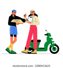 Pizza Delivery Exchange Between Courier And Customer In Flat Vector Illustration Symbolizing Fast Food Delivery, Courier Service, And Logistics, Isolated On White Background